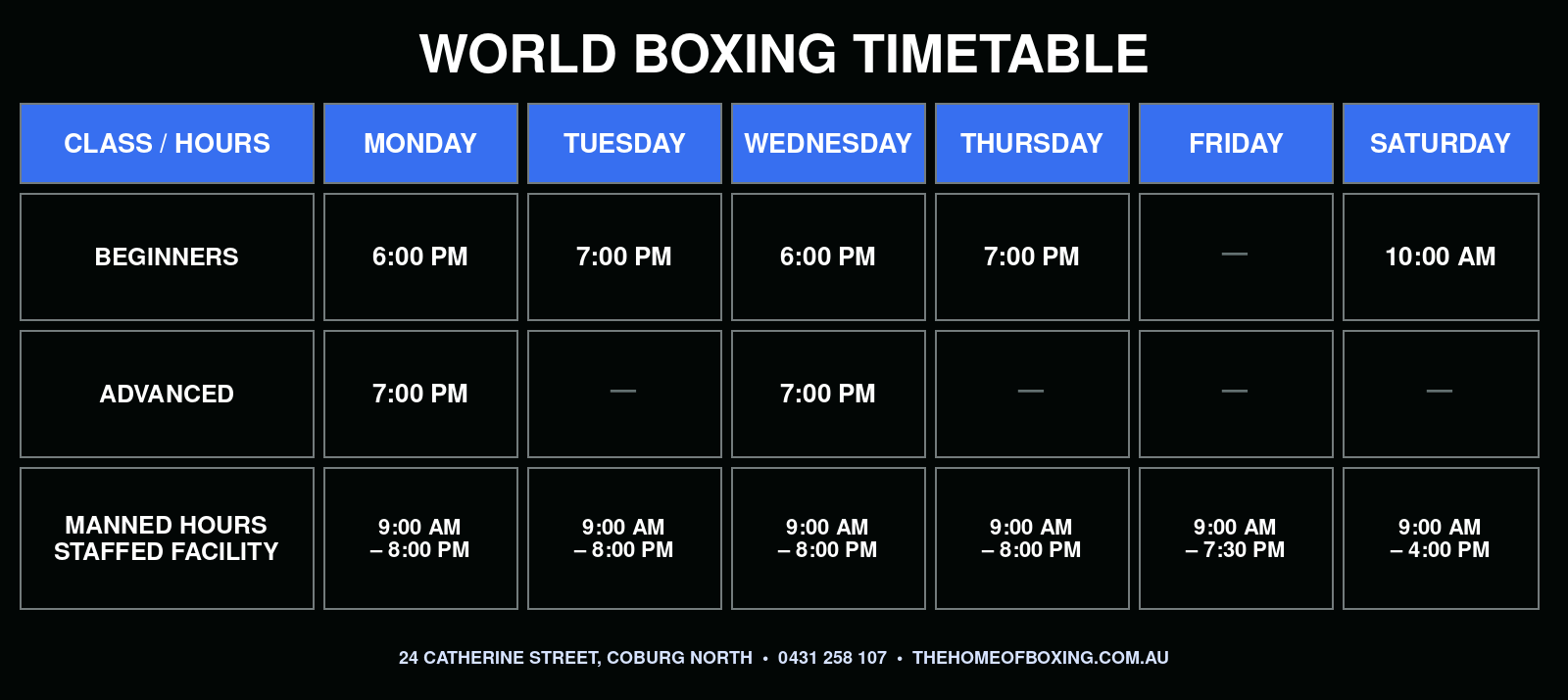 World Boxing Coburg North class timetable